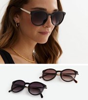 New Look 2 Pack Black and Tortoiseshell Effect Round Sunglasses